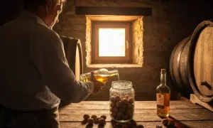 Un homme prépare du vin de noix dans une cave rustique, versant un liquide ambré dans un bocal rempli de noix.