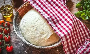 Frisch aufgegangener pizza teig schnell in einer Schüssel, bedeckt mit kariertem Tuch. Tomaten und Olivenöl daneben.