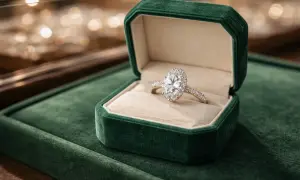 Anillo de compromiso ovalado con diamantes, uno de los tipos de anillos de pedida más elegantes, en su caja de terciopelo verde.