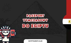 Urocza postać w stroju faraona trzyma paszport tymczasowy do Egiptu. W tle piramida i flaga Egiptu.