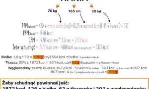 Obliczenia dla Hani: PPM (podstawowa przemiana materii) to 1420 kcal. Aby schudnąć, powinna jeść 1872 kcal dziennie.