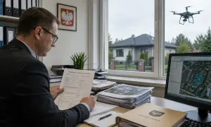 Urzędnik analizuje dokumenty dotyczące podatku od nieruchomości, podczas gdy dron monitoruje teren z góry.