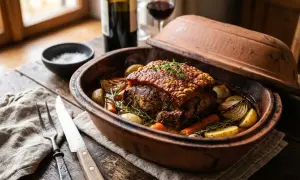Saftiges Fleisch garen im Topf mit knuspriger Kruste, Kartoffeln, Karotten und Zwiebeln. Ein Festmahl!