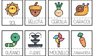 Tarjetas con dibujos de sol, bellota, cebolla, caracol, gusano, fuente, molinillo y zanahoria. Vocabulario de primavera para aprender.