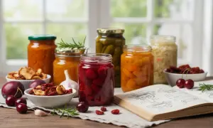 Słoiki z przetworami domowymi, jak dżem truskawkowy, ogórki, brzoskwinie i kapusta kiszona, obok świeżych owoców i starej książki z przepisami.