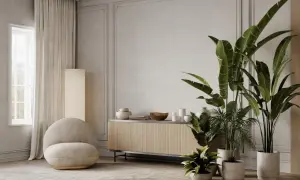 Elegancka sztukateria w salonie inspiracje: przytulny fotel, drewniana komoda i bujna zieleń tworzą harmonijną przestrzeń.