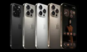 Quatre iPhones Pro en noir, vert, argent et or, avec un écran affichant une femme et des icônes. L'iphone 16 date de sortie reste un mystère.