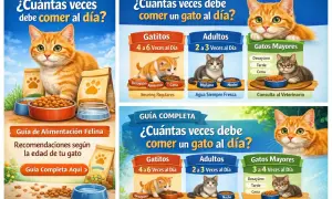 Guía de alimentación felina: ¿cuántas veces al día come un gato? Se detalla la frecuencia para gatitos, adultos y gatos mayores, con recomendaciones visuales.