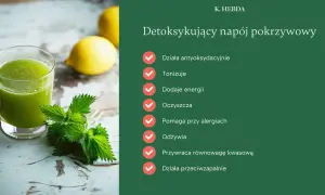 Szklanka zielonego soku z pokrzywy obok świeżych liści i cytryn. Napój detoksykujący z pokrzywy wspiera organizm.
