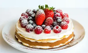 Un délicieux tiramisu fruits rouges, garni de fraises, framboises et myrtilles saupoudrées de sucre glace.