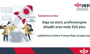 Szkolenie o uldze na start, preferencyjnym ZUS i małym ZUS plus. Grafika z rakietą i ludźmi.