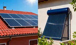 Pannelli solari sul tetto e collettori solari termici a tubi sottovuoto mostrano come funziona l'energia solare per produrre elettricità e acqua calda.