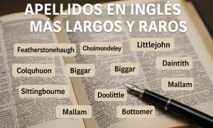 Apellidos ingleses raros y largos como Featherstonehaugh, Cholmondeley y Doolittle, mostrados en un diccionario.