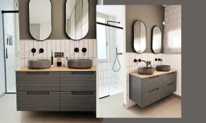 Moderno baño con doble lavabo y ducha. Consulta el precio reforma baño pequeño para un diseño similar.