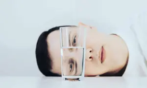 Un rostro se refleja en un vaso de agua, mostrando una dualidad entre el pesimista y el optimista.