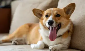 Uroczy corgi leży na kanapie, dysząc z wypuszczonym językiem. Płytki i szybki oddech u psa może oznaczać, że jest mu gorąco lub podekscytowany.