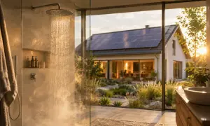 Dusche mit Blick auf ein modernes Einfamilienhaus mit Solaranlage. Ein Beispiel für bewussten Wasserverbrauch, ideal für zwei Personen.