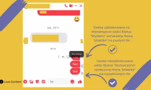 Jak sprawdzić czy ktoś cię zablokował na Messengerze? Zablokowana osoba widzi status "Wysłano" z pustym ptaszkiem, niezablokowana "Dostarczono" z pełnym.