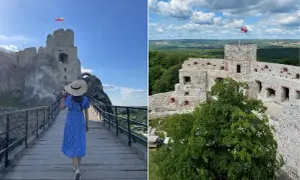 Spacer po malowniczych zamkach w okolicy Krakowa. Widok na ruiny zamku z polską flagą i panoramę Jury.