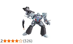 Szara zabawka Megatron z pistoletem i małą postacią obok.