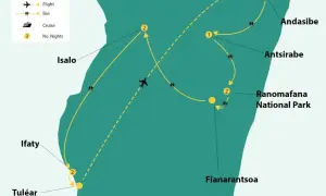 Mapa Madagaskaru z trasą podróży: loty, autobusy i noclegi. Zastanawiasz się, ile się leci na Madagaskar? Ta mapa pokazuje, jak podróżować po wyspie.