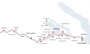 Karte zeigt eine Schifffahrtsroute von Konstanz über den Untersee und Rhein bis zum Rheinfall bei Schaffhausen.