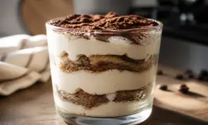 Un tiramisu en verrine, joliment stratifié, avec une crème mascarpone onctueuse. Parfait pour récupérer une crème mascarpone trop liquide et la transformer en délice !