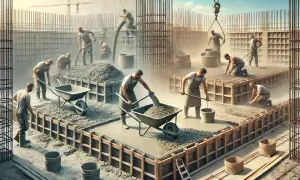 Budowlańcy pracują przy wylewaniu betonu. Czas schnięcia betonu zależy od wielu czynników, ale tu widać intensywną pracę.