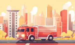 Rotes Feuerwehrauto fährt durch eine stilisierte Stadt. Eine spannende bewegungsgeschichte feuerwehr für Kinder.