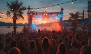 Foule en délire devant une scène illuminée au coucher du soleil, ambiance de festival en Croatie. Palmiers et guirlandes lumineuses ajoutent à la magie.