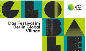 Das Festival im Berlin Global Village: bunte Grafik mit Buchstaben und Logo.