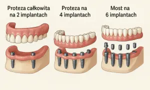Ilustracja pokazuje trzy rodzaje protez dentystycznych: całkowitą na 2 implantach, na 4 implantach oraz most na 6 implantach.