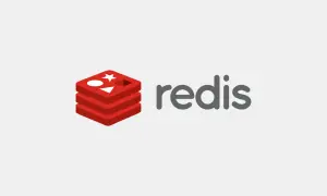 Logo Redis, symbolizujące szybki cache. Czerwone, warstwowe bloki z wyciętymi kształtami obok nazwy.