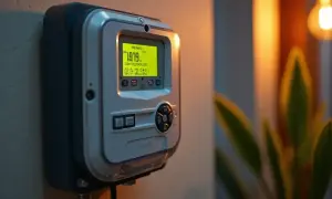 Cyfrowy licznik energii elektrycznej z wyświetlaczem pokazującym stan "PREPAID 0 80%" i kwotę "10.79". Sprawdź prąd na kartę cennik.