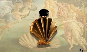 Złota butelka perfum Ricci Ricci na muszli, w otoczeniu postaci z "Narodzin Wenus".