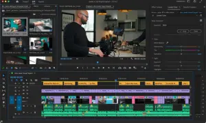 Edycja w **Premiere Pro**: montażysta pracuje nad projektem, widać okna podglądu, osi czasu i panel efektów Lumetri Color.