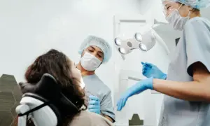 Dentysta bada zęby pacjentki, która ma widoczną dziurę w zębie.