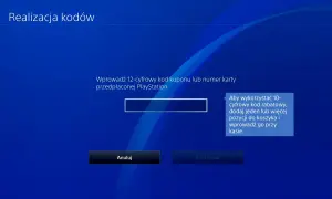 Ekran PlayStation z polem do wprowadzania kodu rabatowego i przyciskami "Anuluj" i "Kontynuuj".