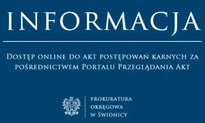 Informacja o dostępie online do akt postępowań karnych zgodnie z art. 73 kpa. Logo Prokuratury Okręgowej w Świdnicy.