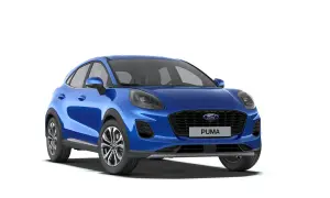 Blå Ford Puma hybrid framifrån, redo för äventyr.