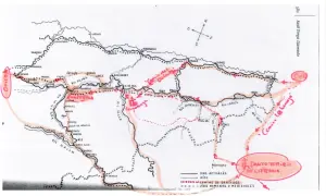 Mapa del Camino de Santiago en Asturias, destacando rutas y lugares como el **puente de Covadonga**.