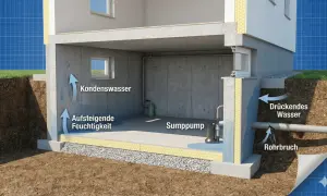 Schnitt durch ein Haus mit feuchtem Bruchsteinkeller. Kondenswasser, aufsteigende Feuchtigkeit und drückendes Wasser durch Rohrbrüche belasten den Keller. Eine Sumpfpumpe ist im Einsatz.