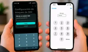 Dos manos sostienen teléfonos. Uno muestra cómo cambiar el PIN de la tarjeta SIM. El otro, un iPhone, pide un PIN nuevo.