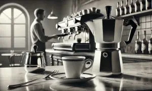 Kawiarka i filiżanka na blacie, barista w tle przygotowuje kawę. Idealna kawa włoska czeka.