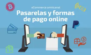 Ilustración sobre pasarelas y métodos de pago online, con iconos de Bitcoin, tarjetas, PayPal, banco y móvil.