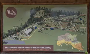 Mapa Muzeum Budownictwa Ludowego w Sanoku. Ukazuje rozmieszczenie sektorów: Bojków, Łemków, Dolinian, Pogórzan i innych.