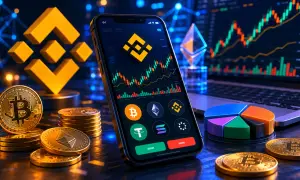 Złote monety kryptowalut, smartfon z wykresem i logo Binance, laptop z danymi rynkowymi. To wszystko pokazuje, czym jest Binance.