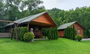 Drewniane domki w otoczeniu zieleni, idealne na wypoczynek w **bukowiec**. Huśtawka i grill zapraszają do relaksu.