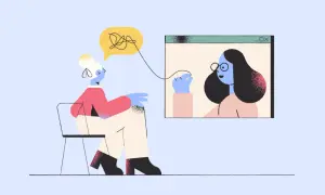 Kobieta na krześle rozmawia przez wideo z drugą osobą. Czy to jest terapia, czyli tsr co to?
