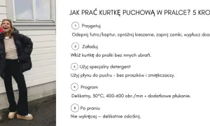 Kobieta z flagą Norwegii pokazuje, jak prawidłowo prać kurtkę puchową w pralce, by zachować jej właściwości.
